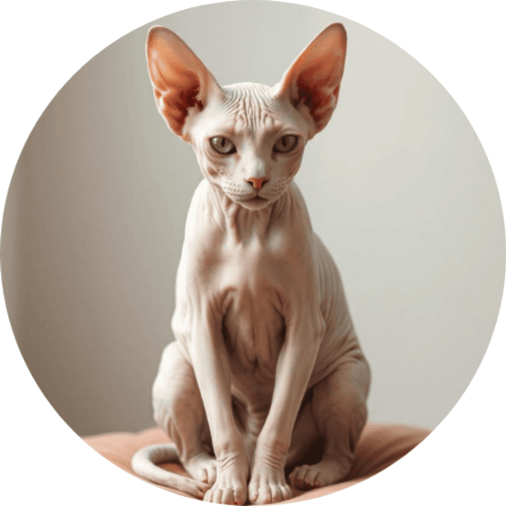 Hairless Sphynx cat with pink skin and large ears on a velvet cushion.