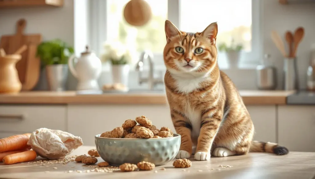 A cat sitting next to a bowl of homemade treats on a bright kitchen counter with natural light.