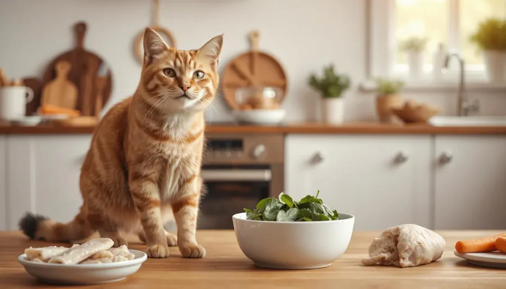 A healthy cat standing beside a bowl of fresh homemade food with visible ingredients like chicken, spinach, and carrots, in a cozy kitchen setting.