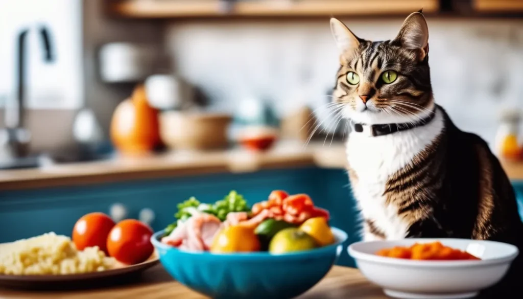 Fresh ingredients for homemade cat food recipes, including chicken, fish, and vegetables, ready to be prepared.