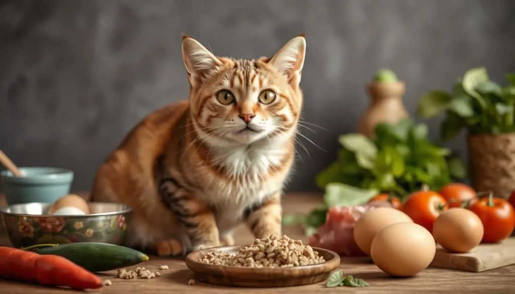 A happy, healthy cat with a shiny coat sitting beside a bowl of fresh organic cat food surrounded by natural ingredients.