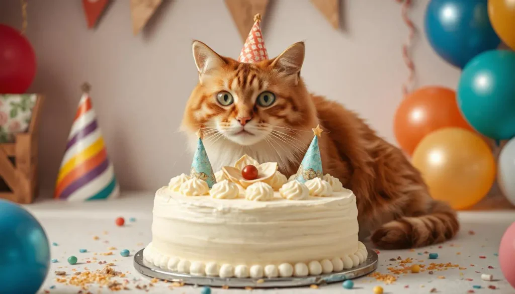 Decorated homemade cat birthday cake on a festive table with balloons and party decorations