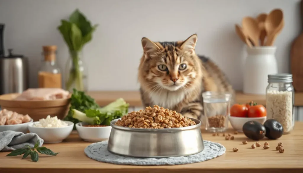 Bowl of freshly prepared homemade cat food surrounded by ingredients like chicken, rice, and vegetables, symbolizing a healthy diet for cats.