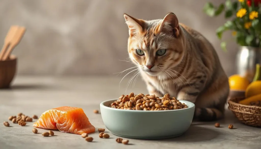 A premium dry cat food with wild-caught salmon, served in a modern, stylish bowl, surrounded by healthy ingredients like omega-3-rich salmon, fresh vegetables, and grains.