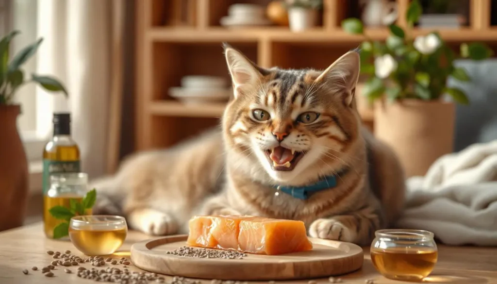 A happy cat enjoying a homemade omega-3 treat surrounded by natural ingredients like salmon, flaxseeds, and fish oil.