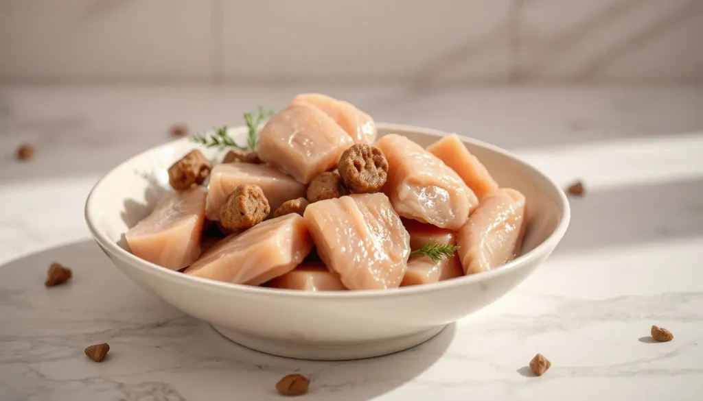 A bowl of raw cat food with fresh chicken pieces and organ meats on a bright background.