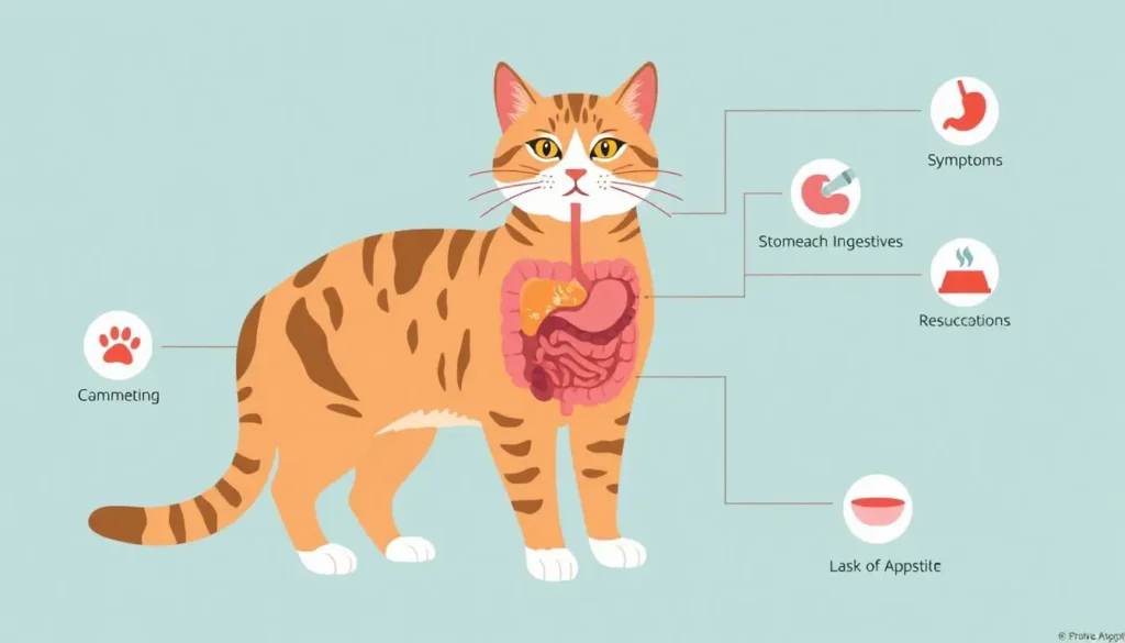 A diagram showing a cat's digestive system with highlighted areas and icons for vomiting, discomfort, and appetite loss.