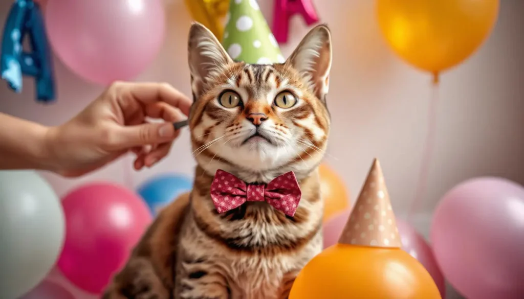 A cat enjoying a birthday celebration with a festive hat and balloons, symbolizing love and care.