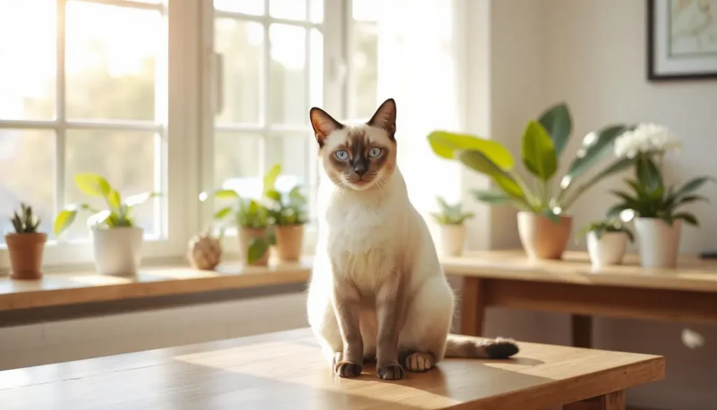 A Siamese cat with striking blue eyes and seal-point markings sitting on a wooden table in a sunny room