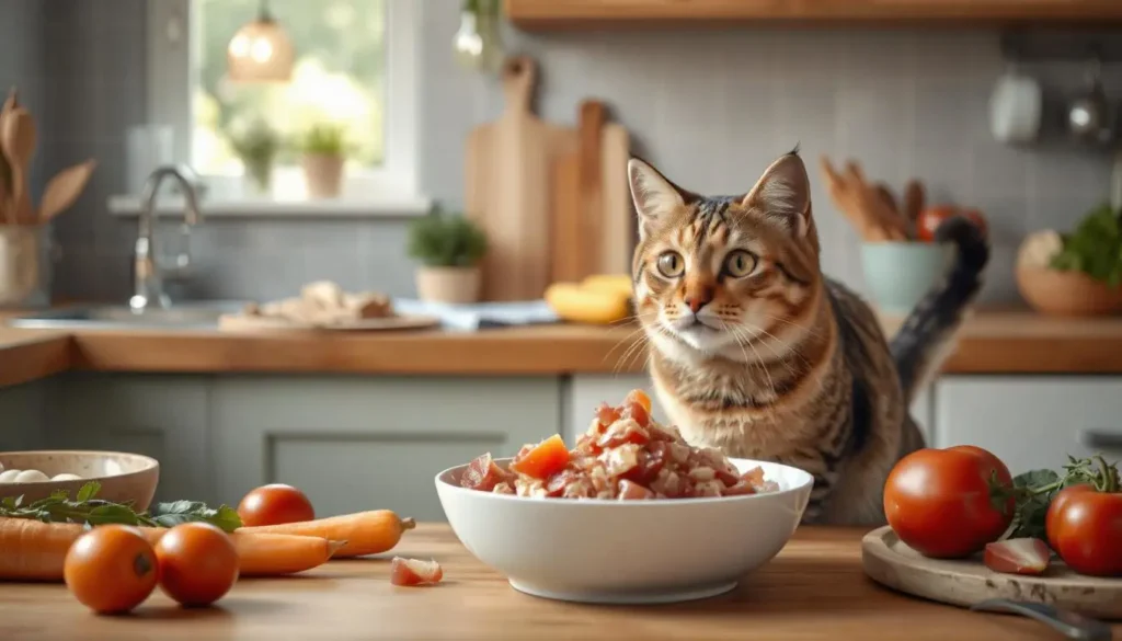 Curious cat looking at a bowl of fresh raw food in a bright kitchen