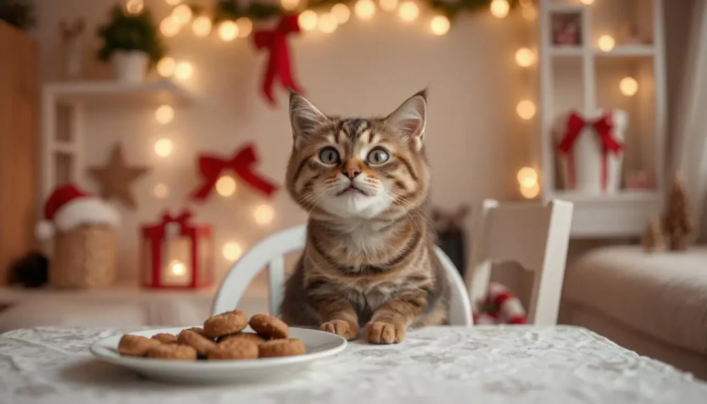 A festive cat enjoying homemade natural cat treats at a New Year's Eve celebration.