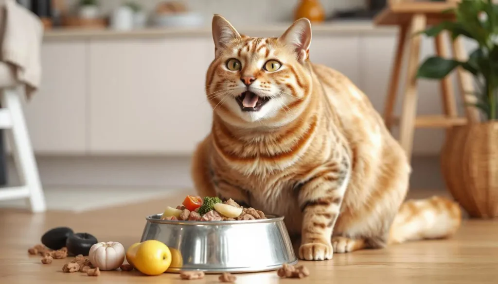 Happy cat sitting near a bowl of colorful raw cat food with fresh ingredients.