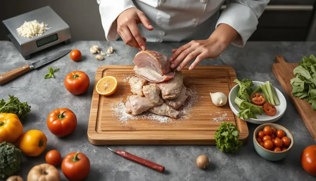 Hands preparing cat food on a sanitized counter with tools like a digital scale and sharp knives.