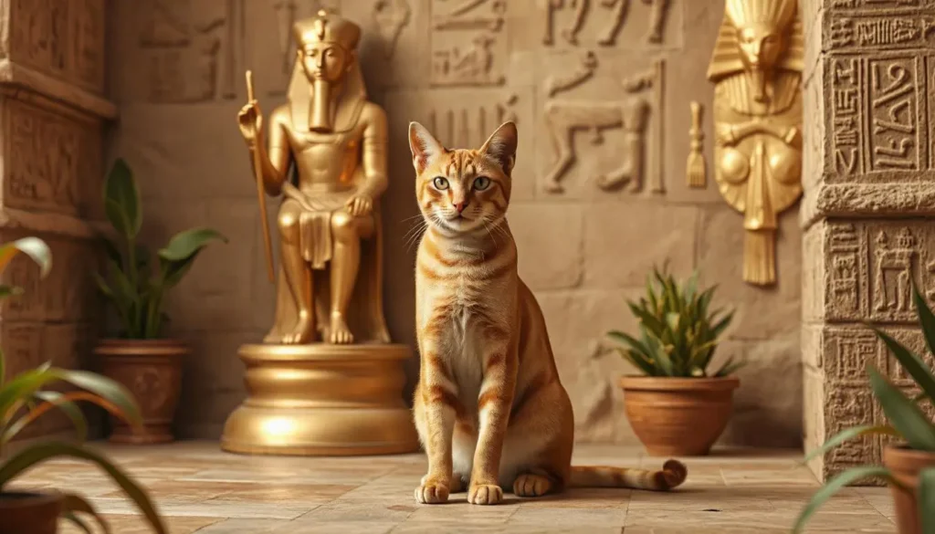 An Abyssinian cat with a ruddy coat sitting beside an ancient Egyptian statue of Bastet, surrounded by papyrus plants.