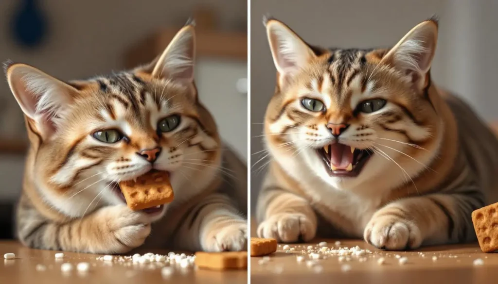 A cat eating a treat with medicine hidden inside, shown step-by-step.