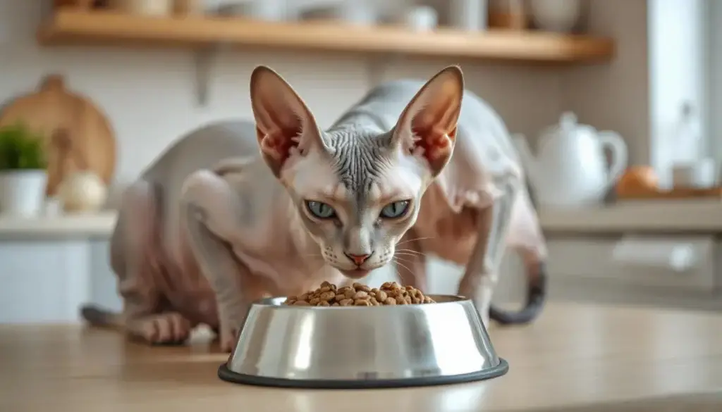 Close-up of a Sphynx cat licking its lips after eating premium wet cat food.