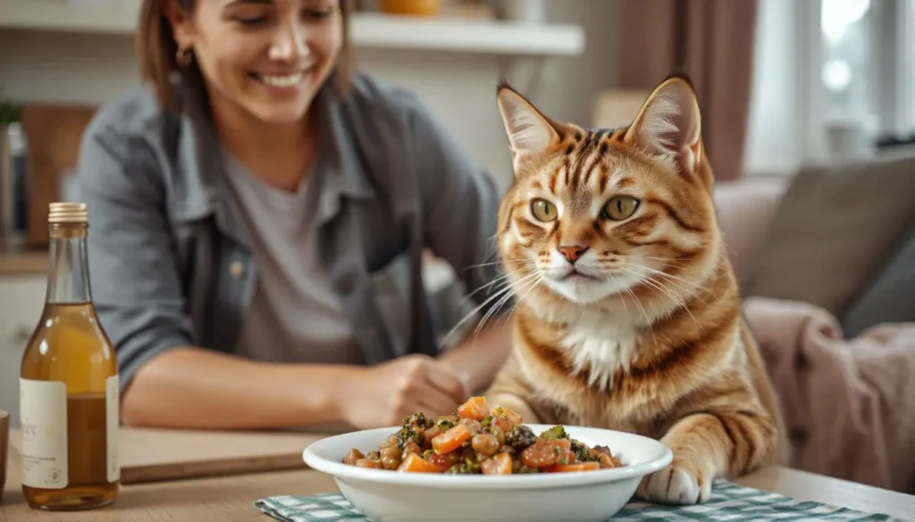 Happy cat eating a bowl of homemade food while a pet owner watches, emphasizing the benefits of a healthy diet.