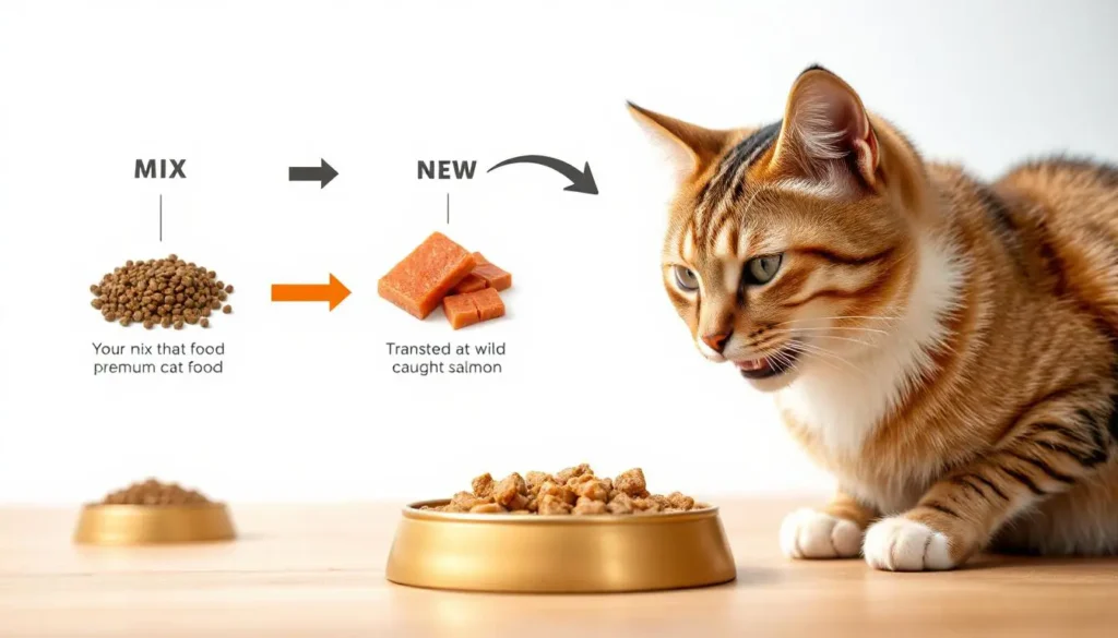 A guide showing gradual transition of dry cat food, mixing old and new food for picky eaters.