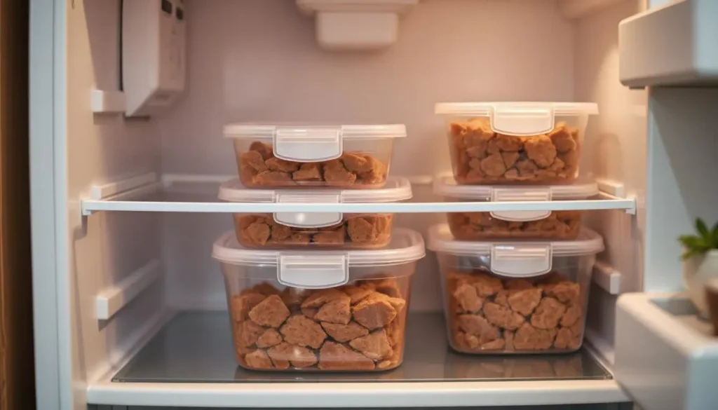 Properly stored raw cat food in airtight containers in the fridge