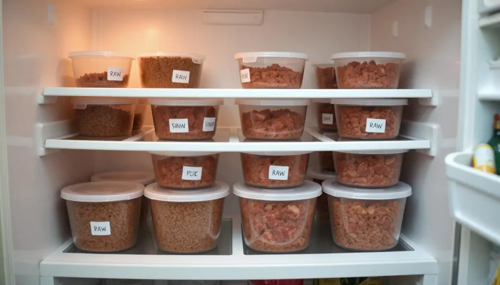 Neatly labeled containers of raw cat food stored in a refrigerator and freezer.