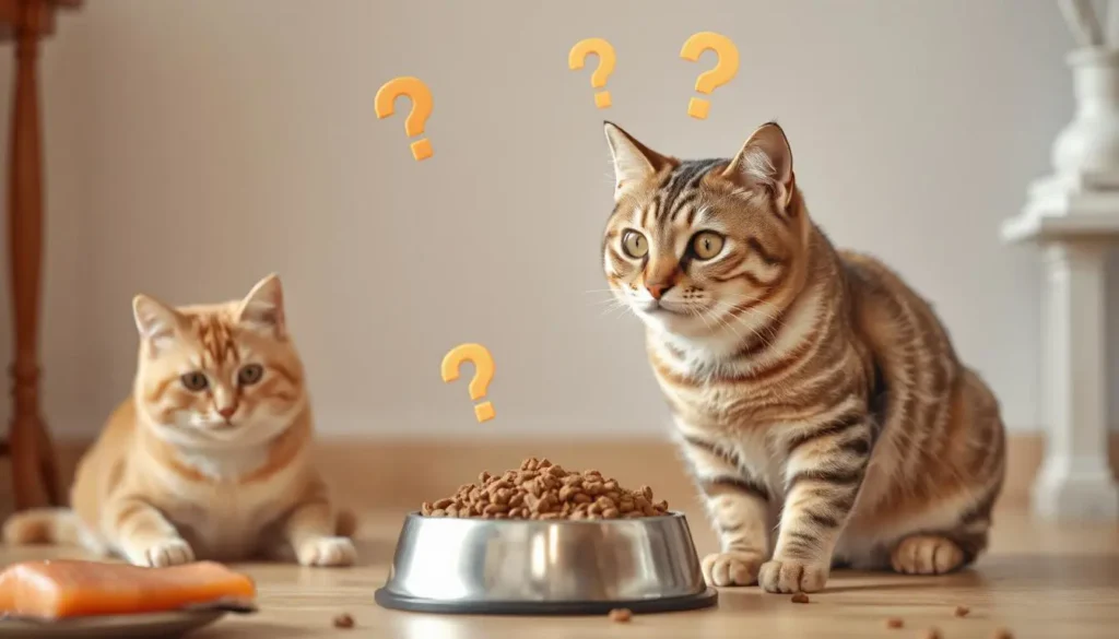 Curious cat looking at a bowl of wild-caught salmon dry cat food, with floating question marks.