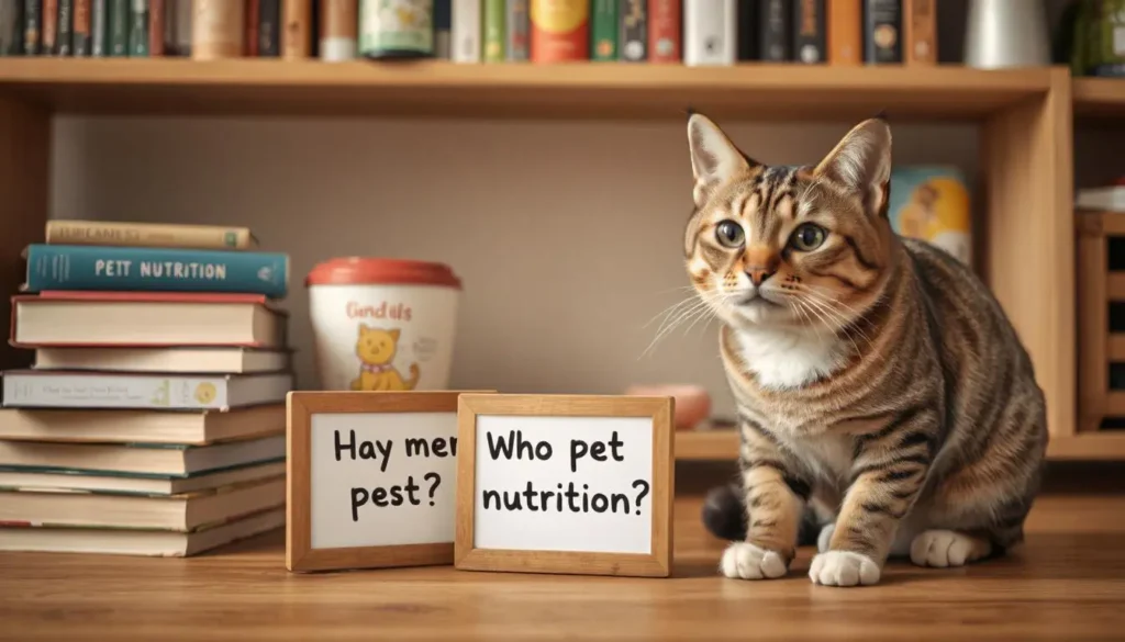 Written questions on small boards with a curious cat in the background and books on pet nutrition.