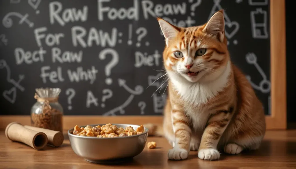 FAQ section about raw food diets for cats displayed on a digital screen.