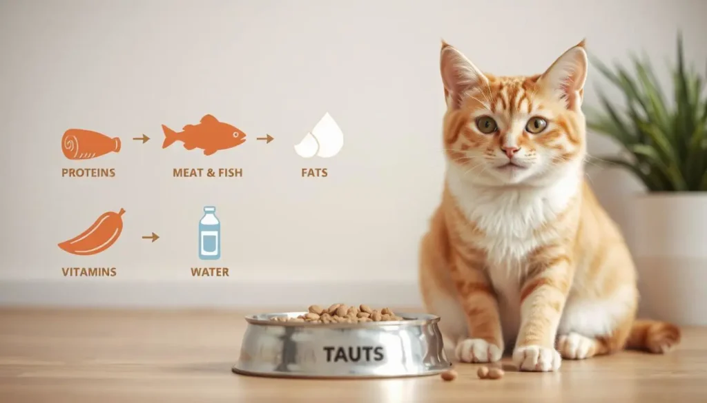 A graphic displaying essential nutrients for cats, including protein, taurine, vitamins, and water, with a happy cat in the background.