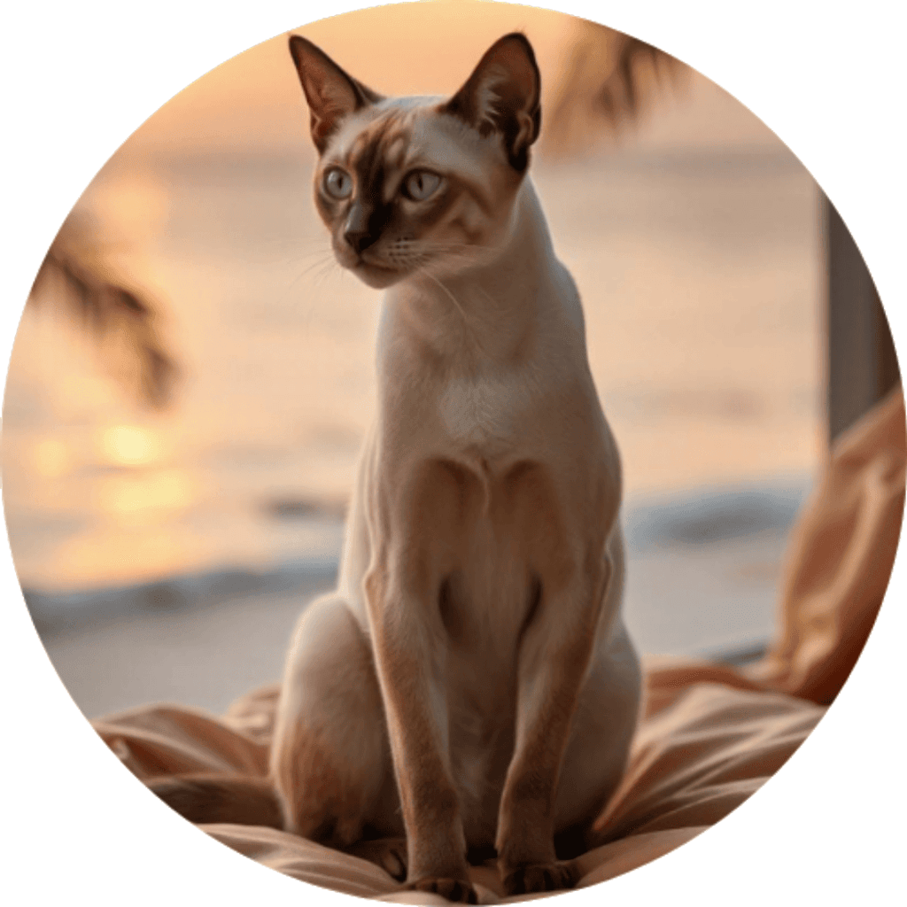 A sleek and elegant Siamese cat with short, light-colored fur and striking dark brown points on its ears, face, paws, and tail, complemented by piercing blue almond-shaped eyes. The cat sits gracefully, exuding a curious and intelligent demeanor.