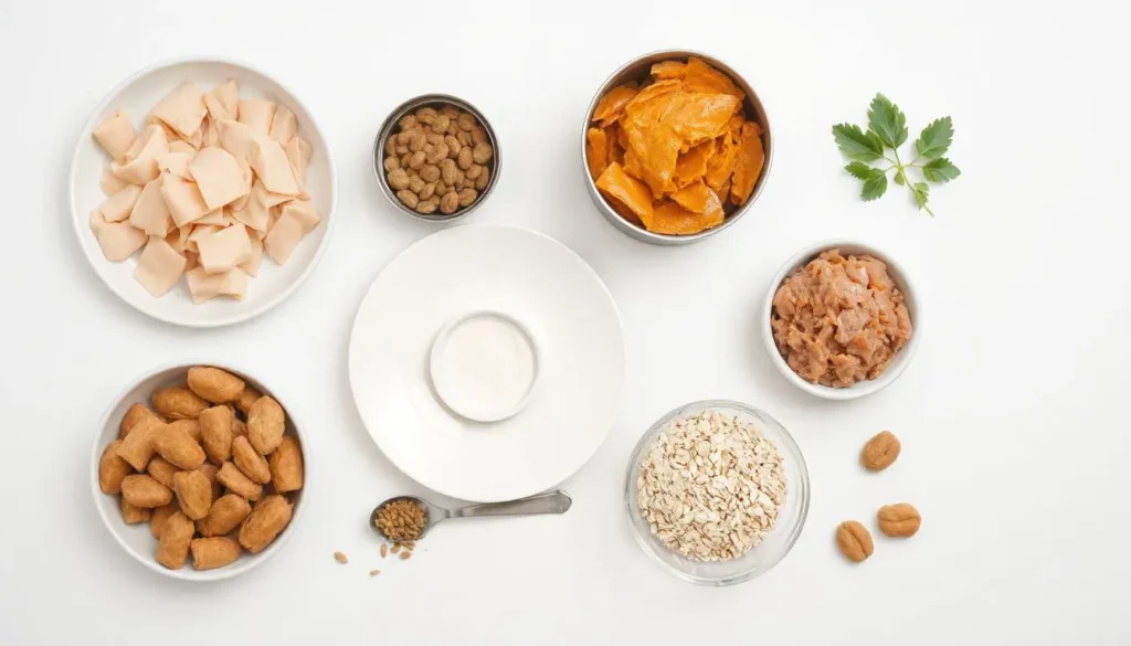 A flat-lay of shredded chicken, canned tuna, pumpkin puree, and oat flour on a clean white counter with parsley and catnip.