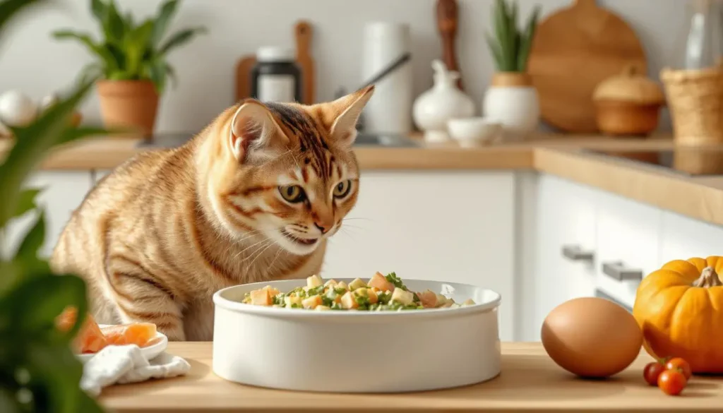 A healthy cat enjoying a nutritious homemade cat food recipe, with fresh salmon, pumpkin, and eggs in the background.