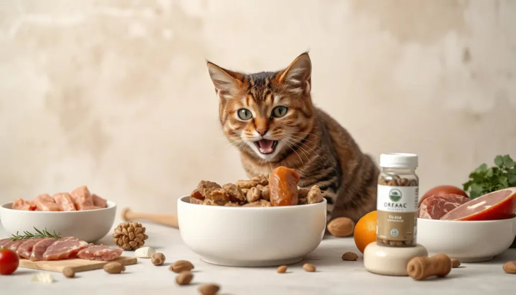 A curious cat looking at a bowl of raw and organic food with fresh ingredients like raw meat and vegetables surrounding it.