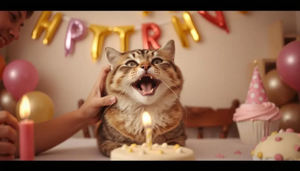 A cat being lovingly pampered by its owner during a birthday celebration