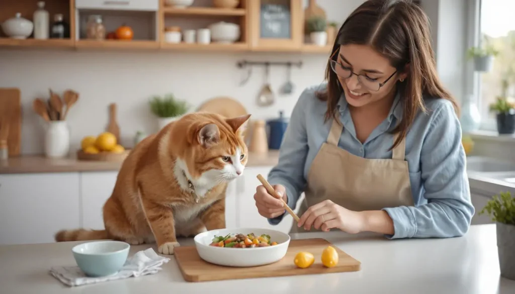 Pet owner preparing a healthy homemade meal for their cat with fresh ingredients in the kitchen.