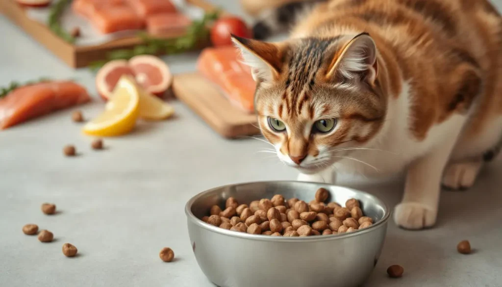 A bowl of premium dry cat food with wild-caught salmon, surrounded by fresh ingredients like vegetables and grains.