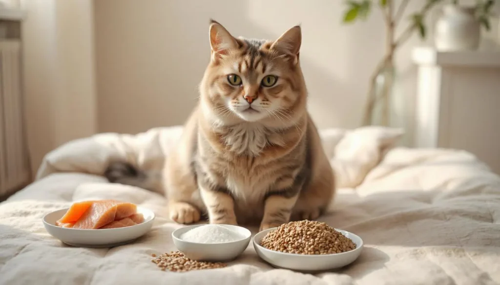 A shiny-coated cat surrounded by bowls of omega-3-rich ingredients like salmon and flaxseeds.