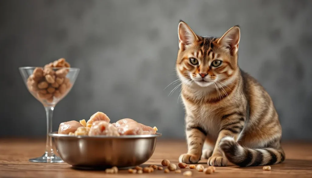 A healthy cat sitting next to a bowl of raw food with chicken and organ meats.