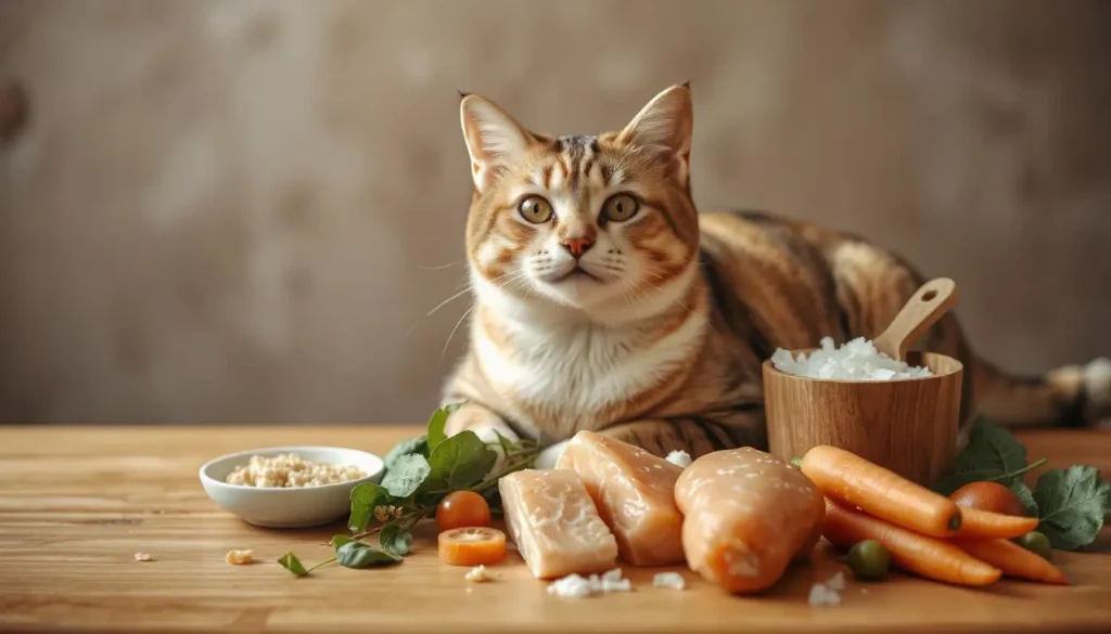 A cat enjoying a meal made from chicken slices, grilled fish, and a small bowl of nutritional supplements.