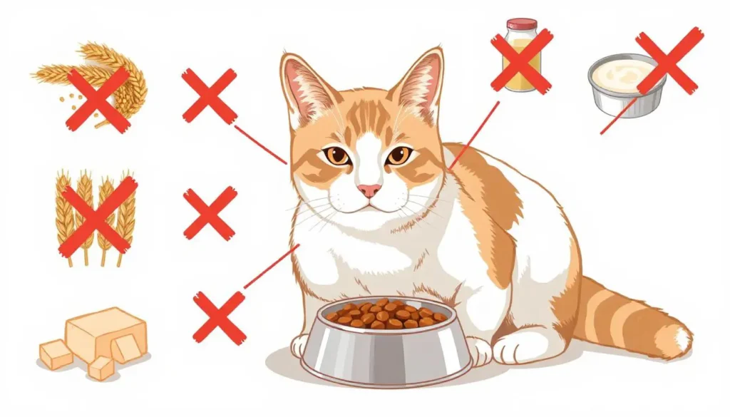 Harmful cat food ingredients like grains, artificial additives, and dairy, marked with red crosses.