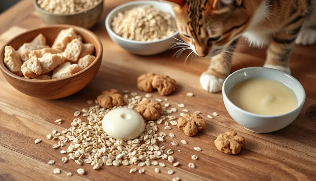 Ingredients for healthy cat treats, including chicken, oats, and coconut oil, arranged on a wooden counter.