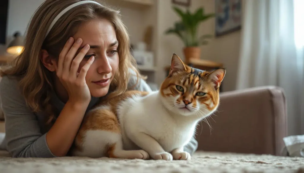 A cat owner observing their cat with digestive discomfort, such as vomiting.