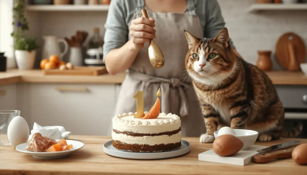 A person baking a homemade birthday cake for a cat using fresh ingredients like tuna and eggs.