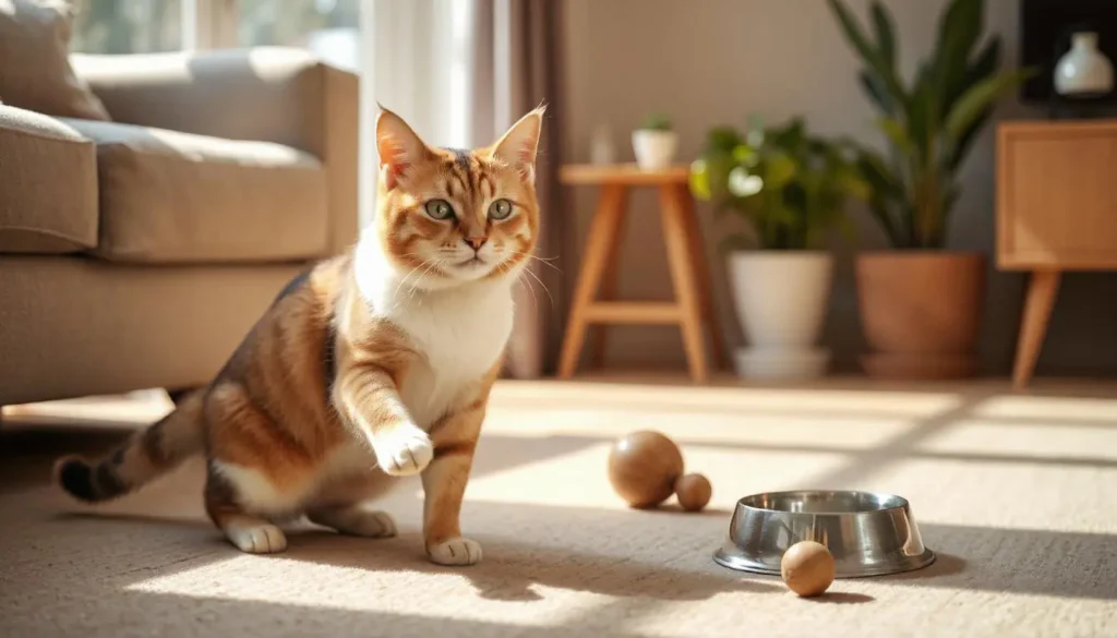 Energetic cat playing with a toy after transitioning to a raw food diet.