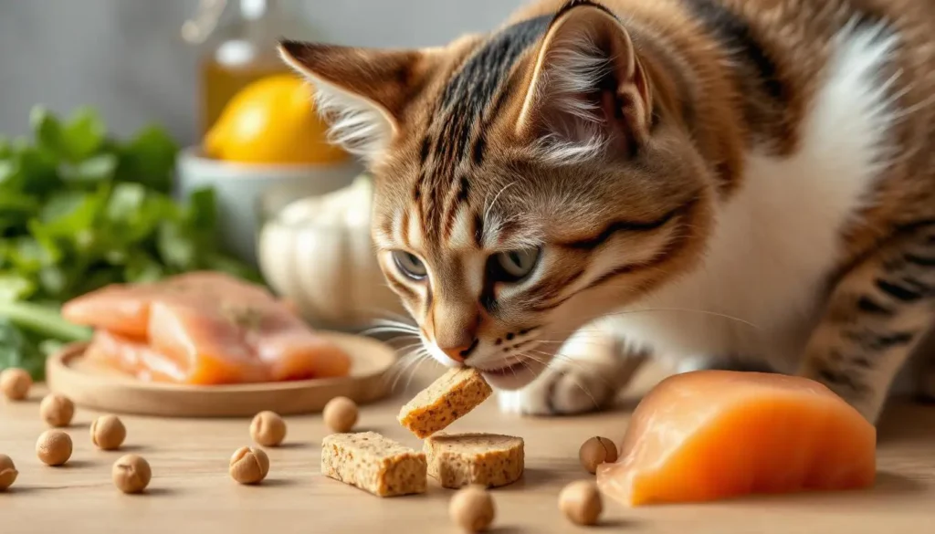 A healthy cat eating homemade treats made from fresh ingredients like chicken, salmon, and vegetables.