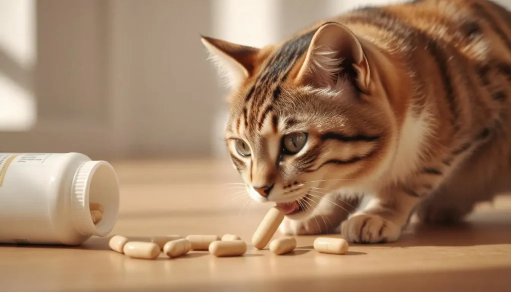 A curious cat sniffing a treat near a subtle pill bottle.