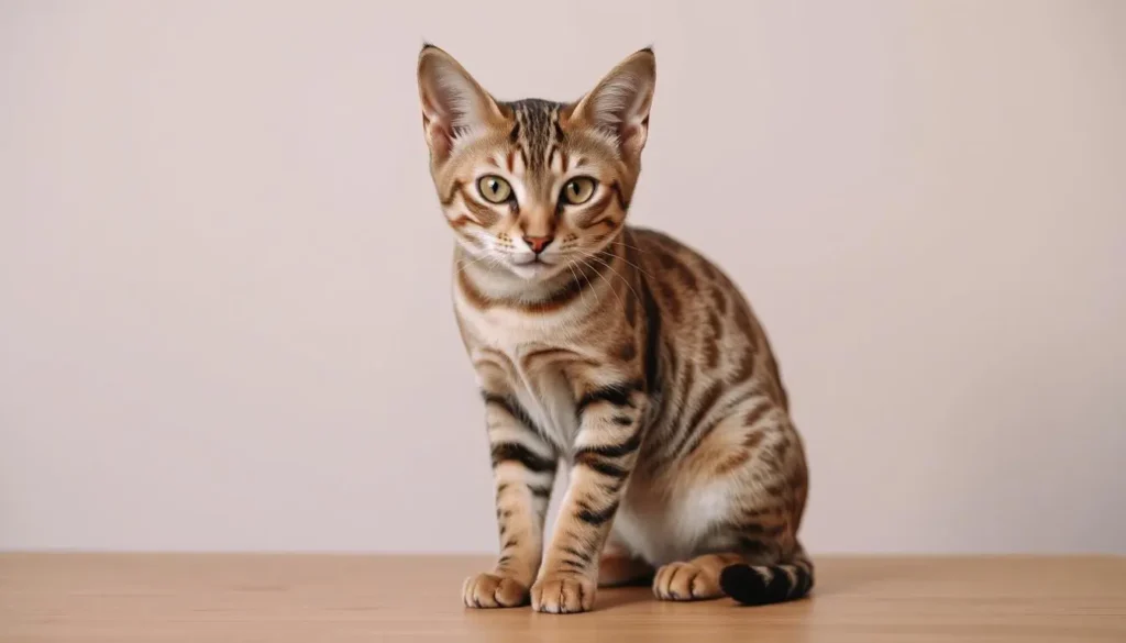 Close-up of an Abyssinian cat with a sleek coat, almond-shaped hazel eyes, and large ears, sitting on a polished wooden surface.