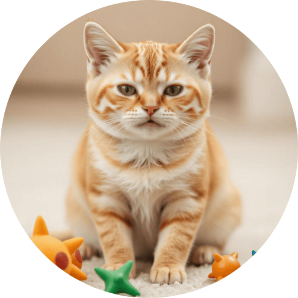 Scottish Fold cat with cream fur and folded ears playing with toys.