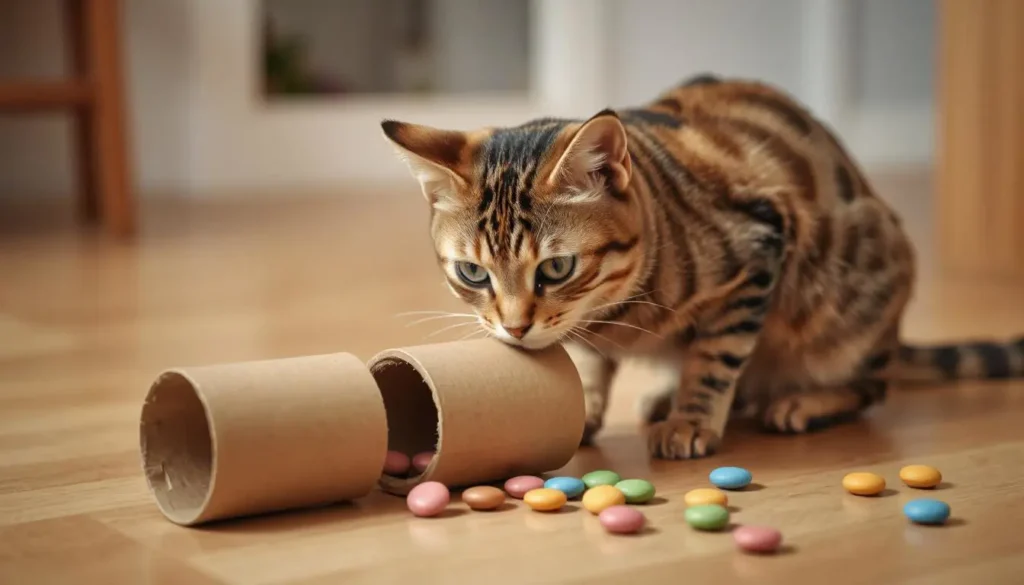 A playful tabby cat interacting with a homemade food puzzle filled with small, colorful treats.