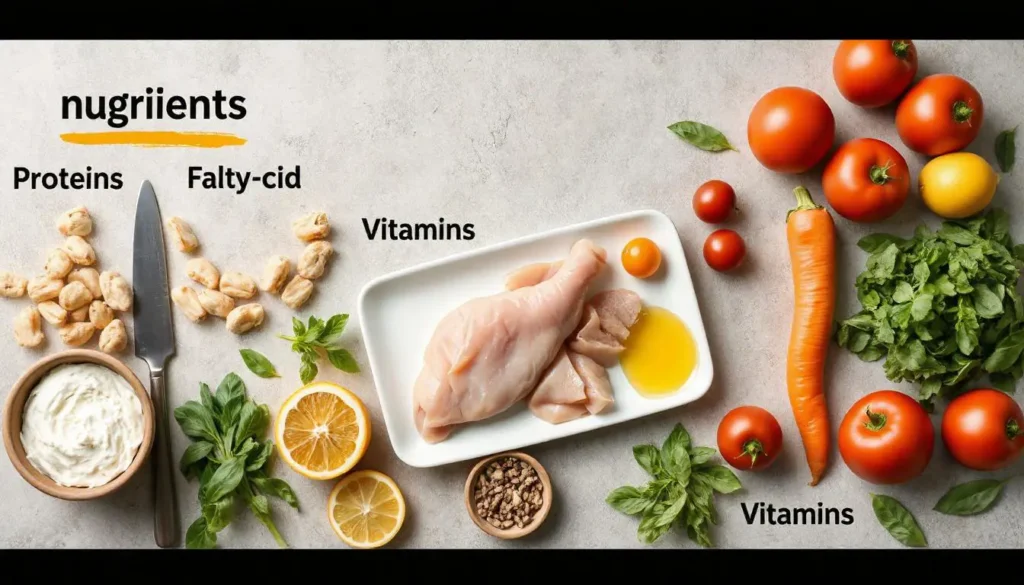 An infographic showing essential nutrients like protein, fatty acids, and vitamins paired with fresh raw ingredients.