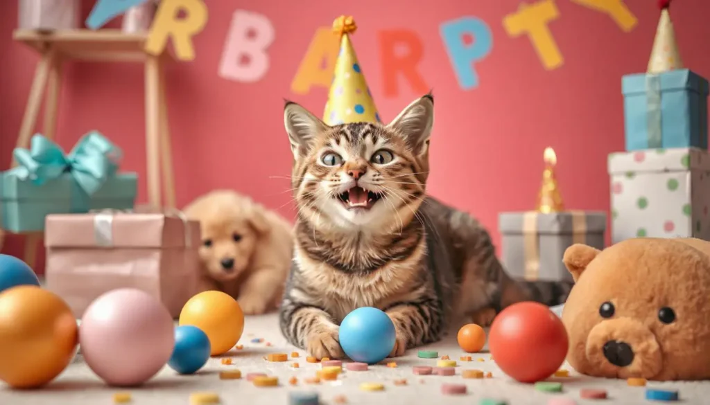 A playful cat with birthday gifts and toys, having fun during a birthday celebration